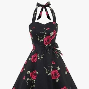 Floral Halter Dress - Black and Pink